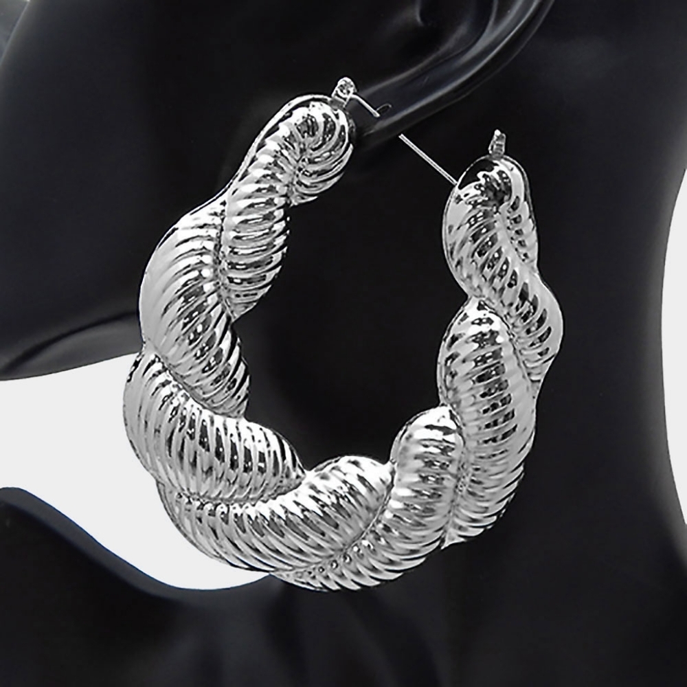 Silver Textured Bamboo Doorknocker Hoop Earrings 3.25" Twisted Fashion Accessory